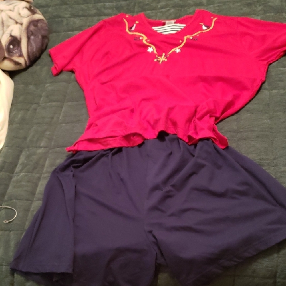 Red Embroidered Top and Navy Shorts Set